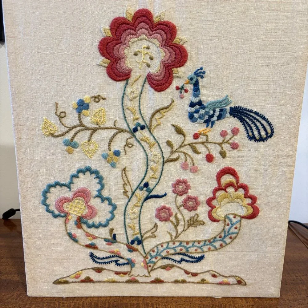 VINTAGE 60s Floral Bird Crewel Stitch Picture Hand Stitched Embroidery Art Piece